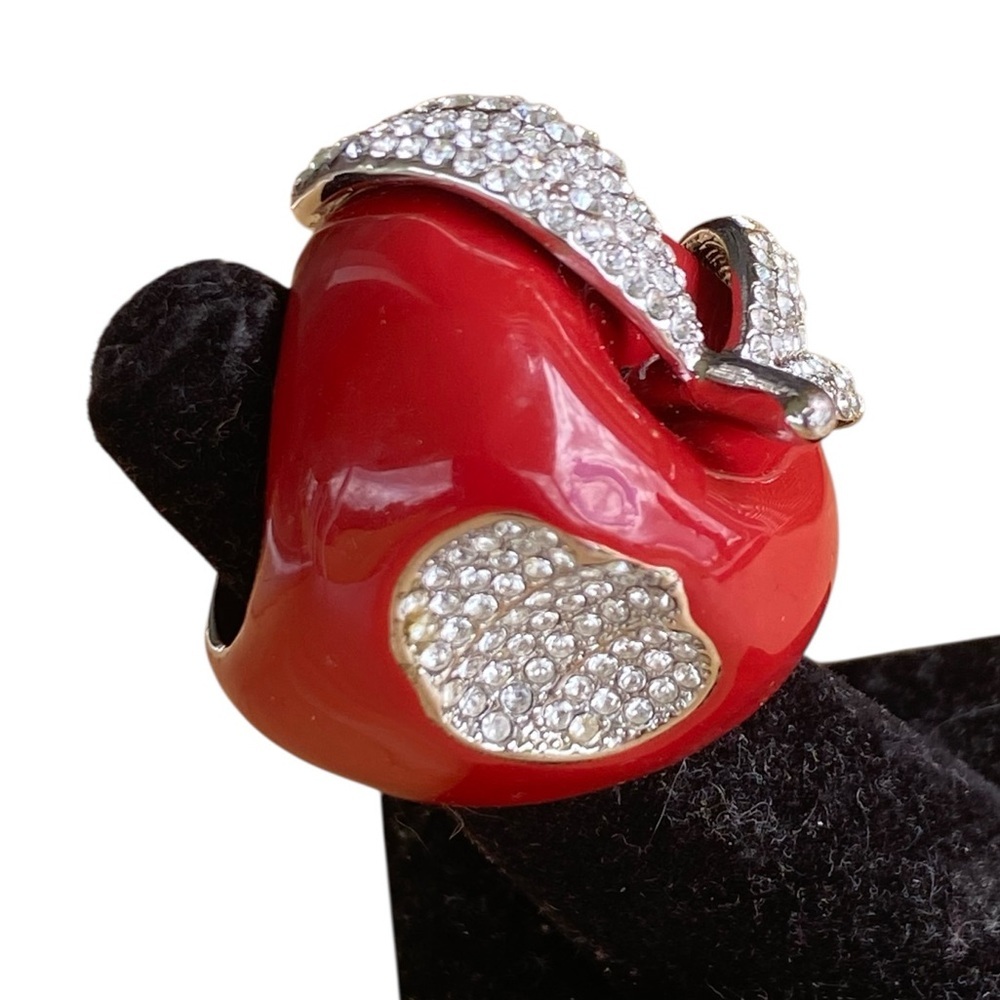 Vintage Y2k Womens Large Crystal Enamel Red Bitten Apple Ring